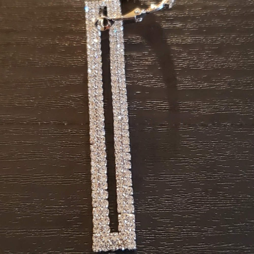Long Rhinestone Silver Rectangle Dangle Earrings - Picture 6 of 7